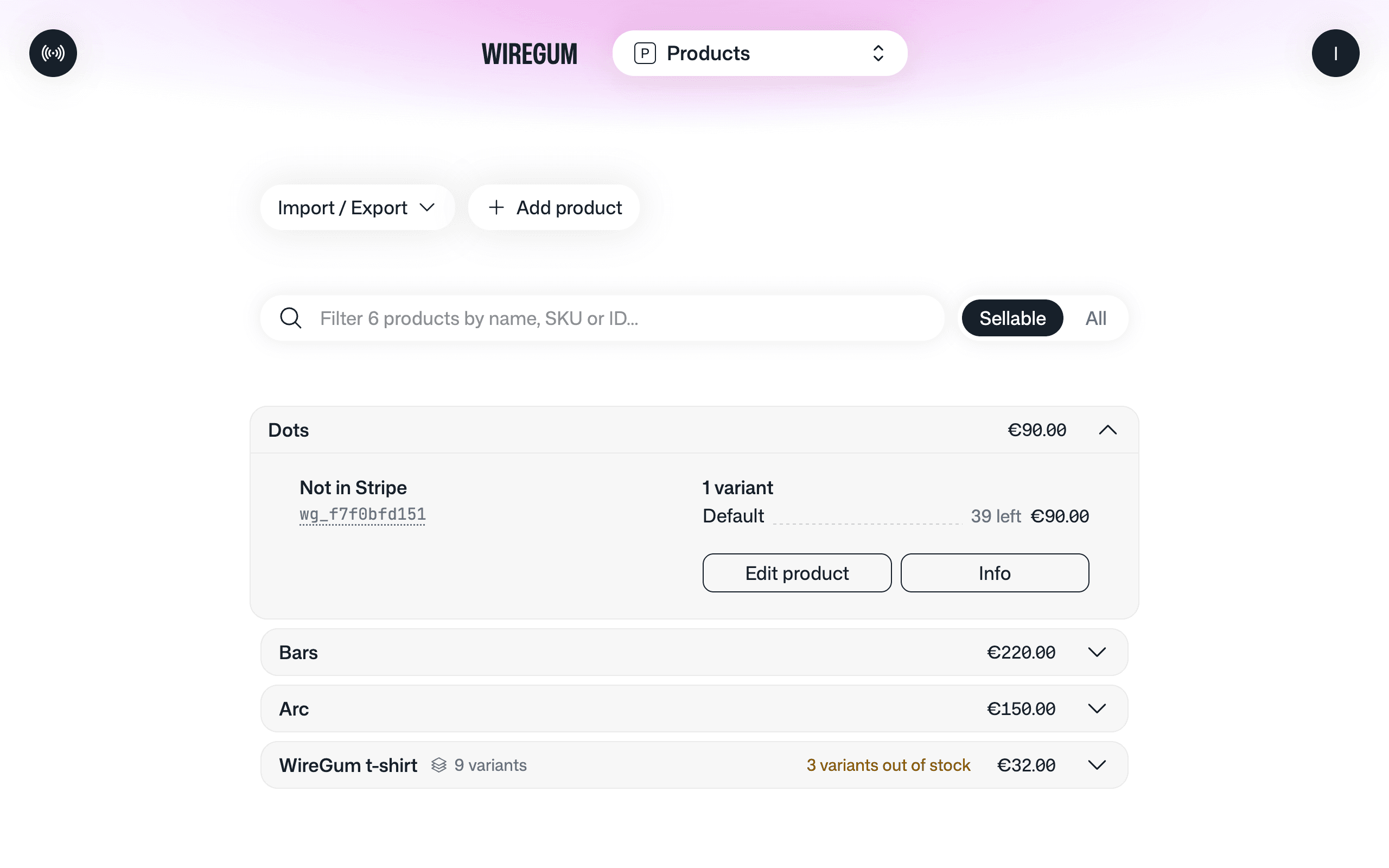 The WireGum product catalog with variants and stock